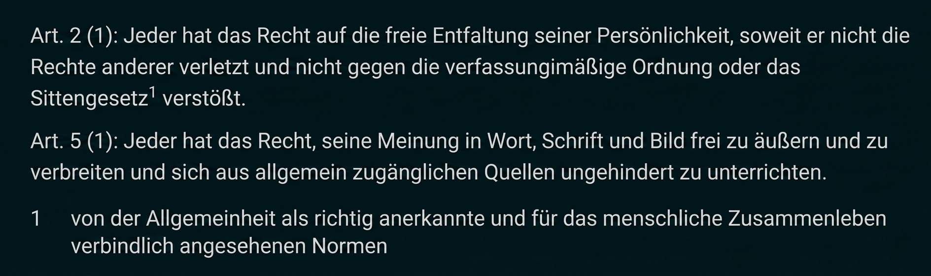 Textausschnitt mit Artikeln aus dem Grundgesetz zu Persönlichkeitsrechten und Meinungsfreiheit